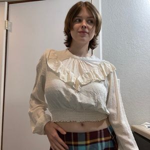 Wild Fable Large Cottage-core White Puffy Dotted Textured Cropped Blouse